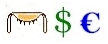 US Dollar sign flanked by the Euro and the ancient Egyptian symbol for gold.